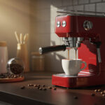 Machine à café préparant un expresso avec grains de café