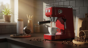 Machine à café préparant un expresso avec grains de café