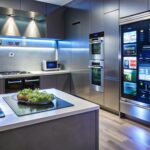 Réfrigérateur moderne avec écran intégré dans une cuisine contemporaine