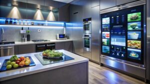 Réfrigérateur moderne avec écran intégré dans une cuisine contemporaine