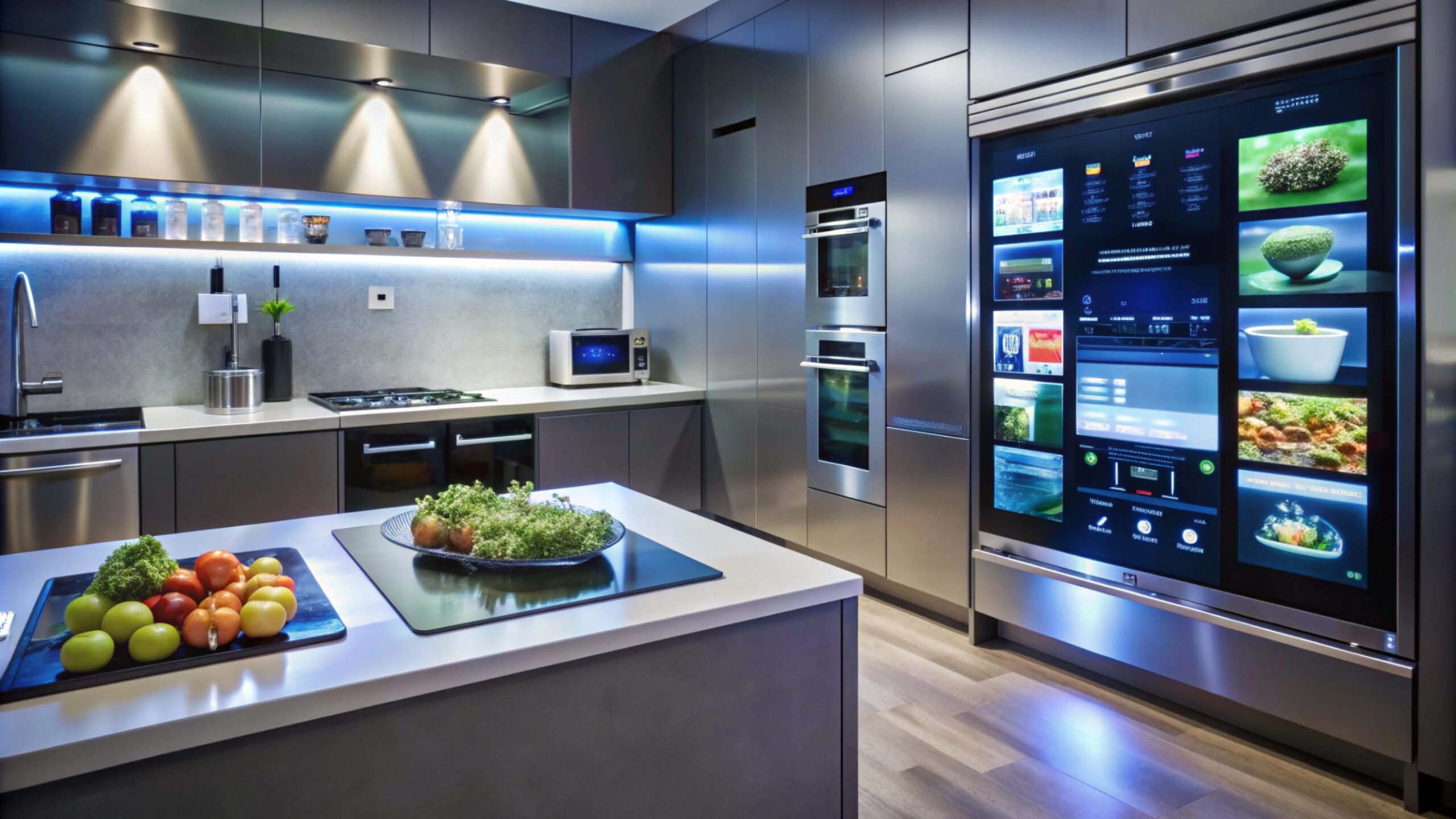 Réfrigérateur moderne avec écran intégré dans une cuisine contemporaine