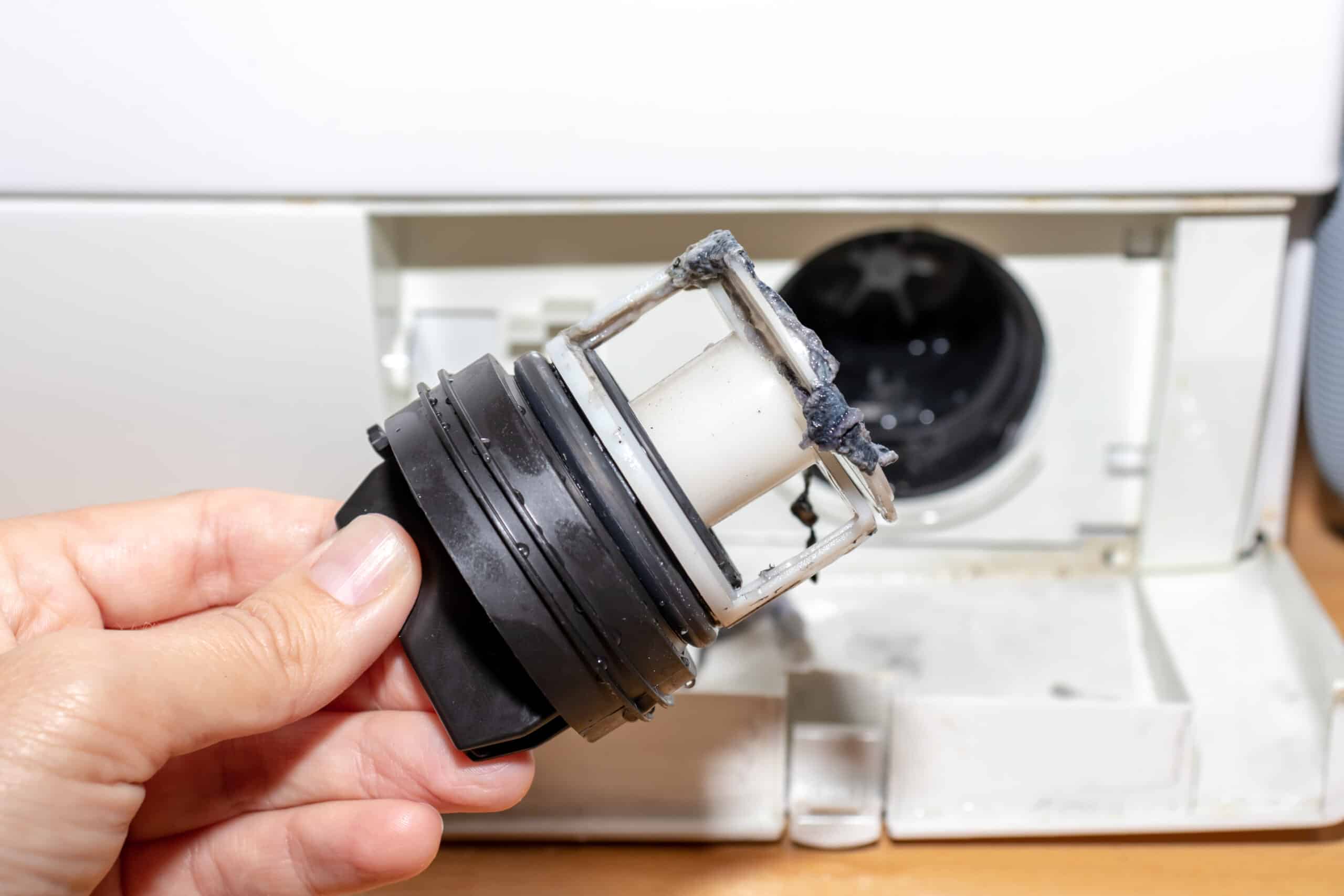 Close-up of a washing machine's dirty drain pump filter being cleaned