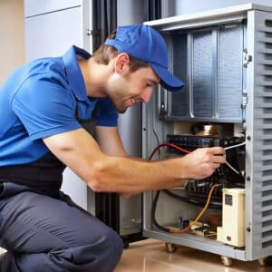 Technician replacing a refrigerator's linear compressor