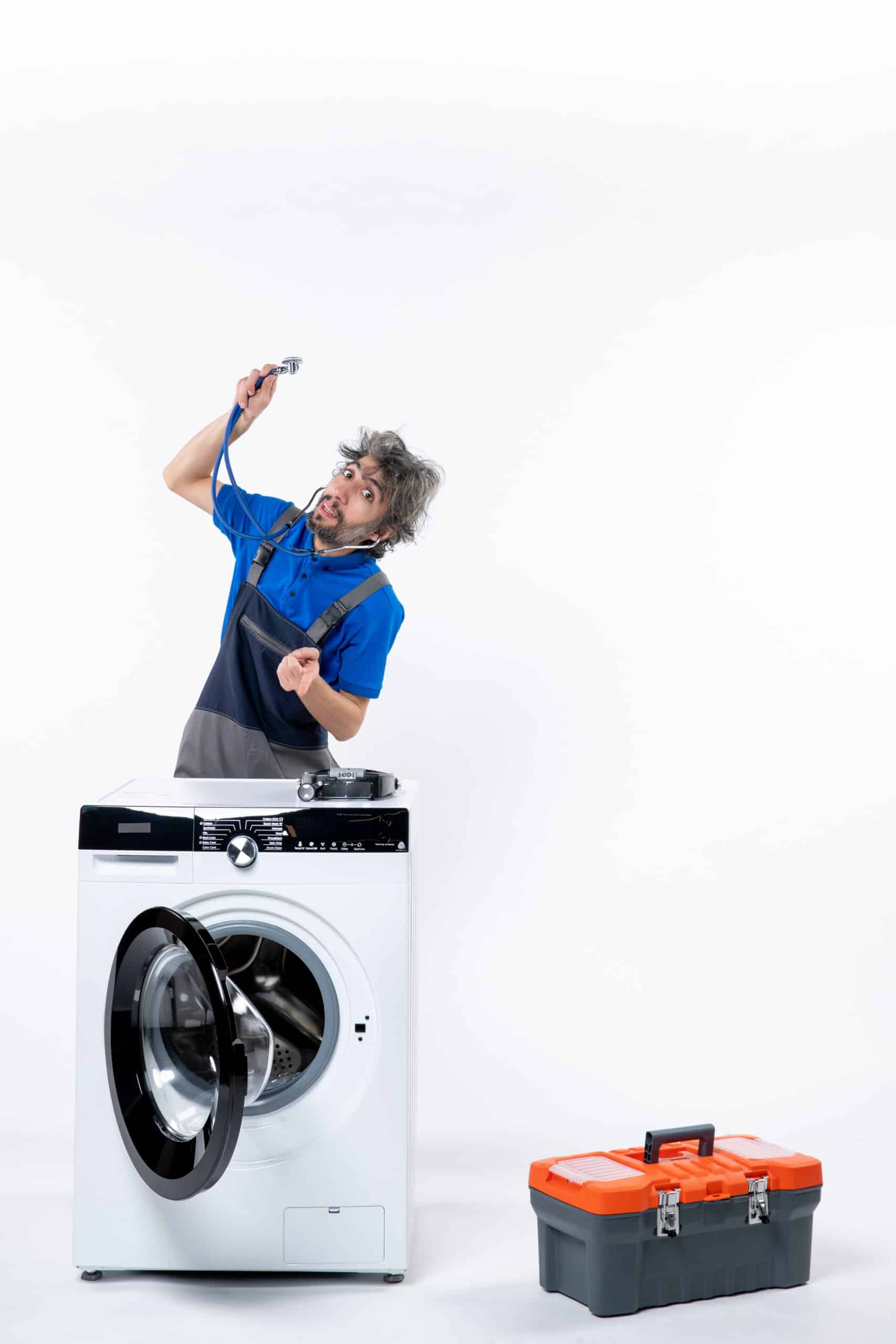 Repairman raising a stethoscope while standing next to a washing machine, illustrating LG washer error code dE door won't lock fault