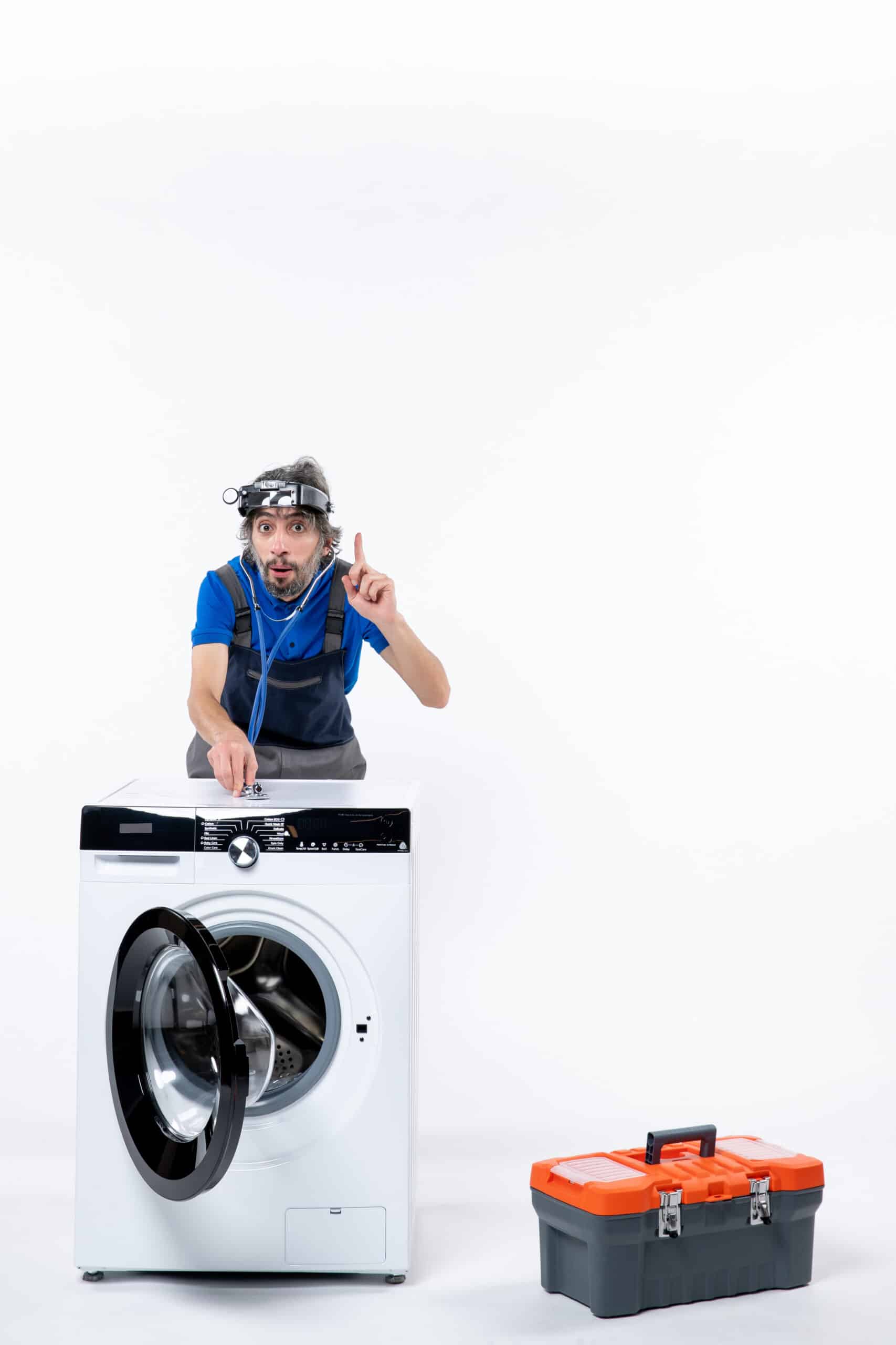 Repairman with a head lamp using a stethoscope on a washing machine, illustrating Samsung washer error code DE door error