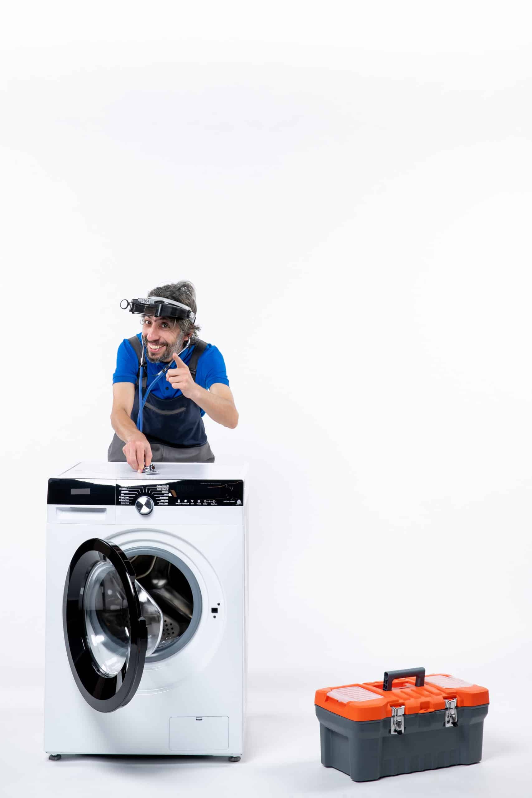 Technician diagnosing a Whirlpool washing machine temperature sensor fault (error code F05)