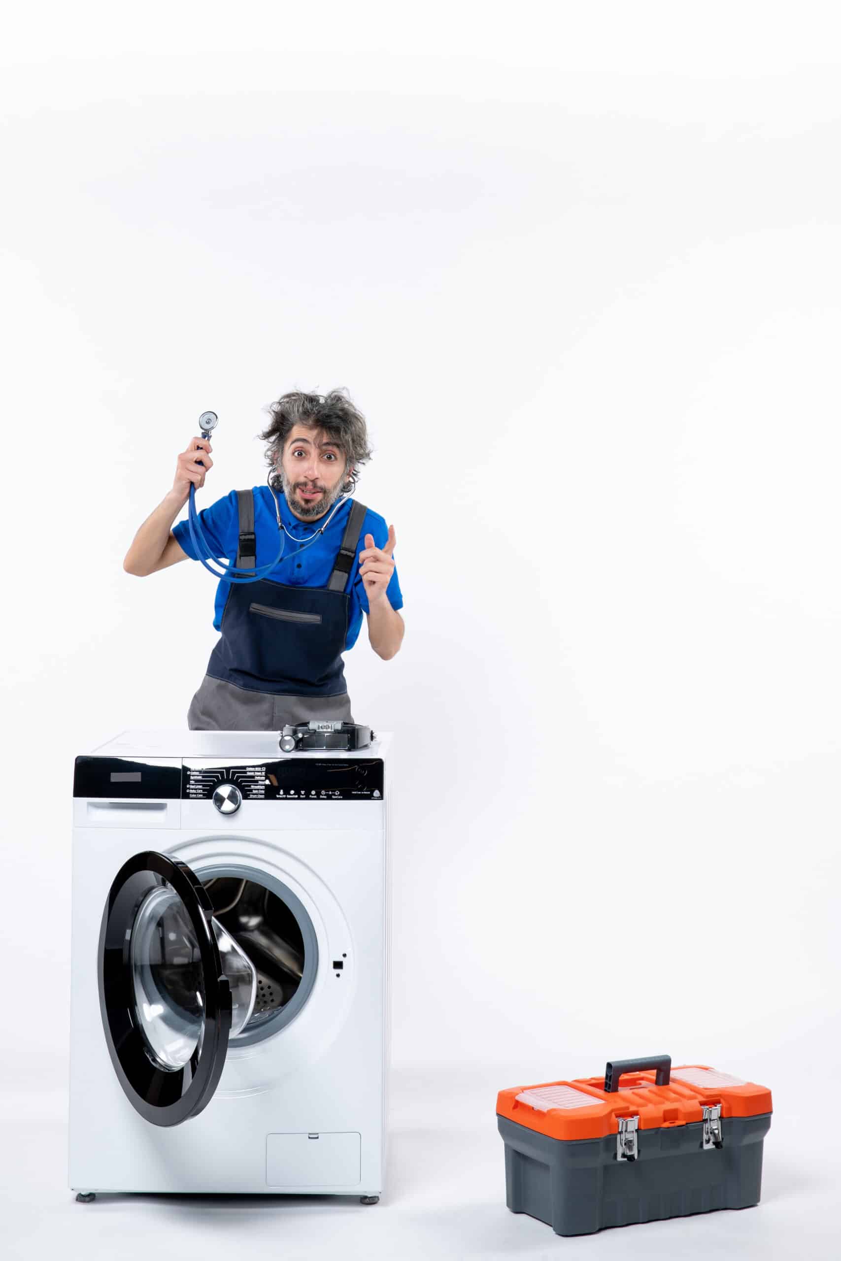 Repairman with a stethoscope standing next to a washing machine, illustrating Samsung washer error code LE water level or leak error
