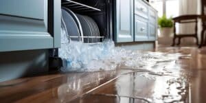 Leaking dishwasher with water and foam spilling out onto the kitchen floor