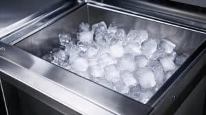 Stainless steel refrigerator ice maker with a filled ice tray