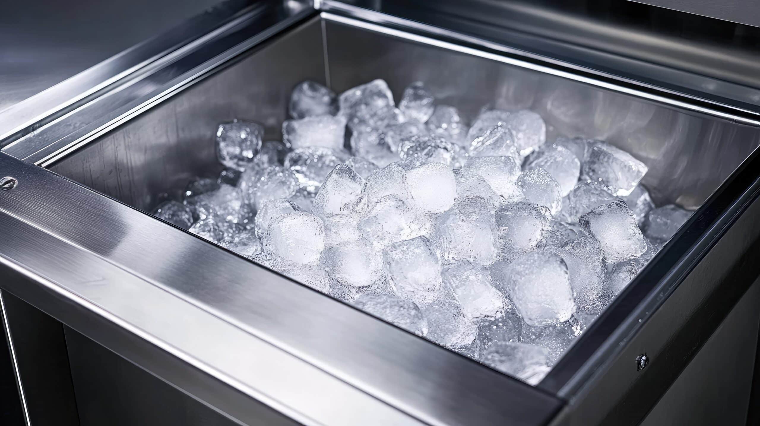 Stainless steel refrigerator ice maker with a filled ice tray