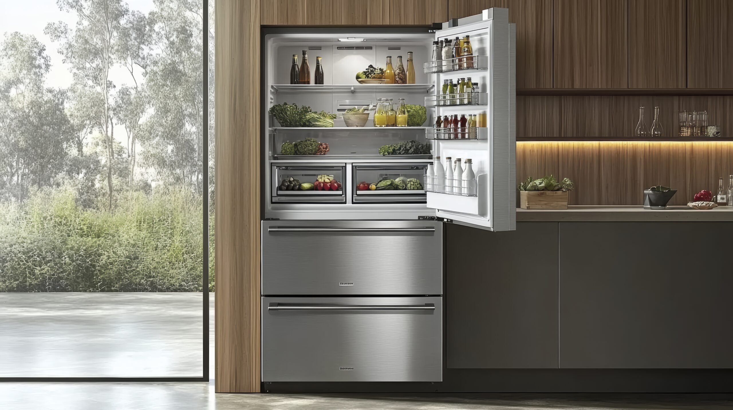 Modern stainless steel refrigerator with a separate freezer compartment