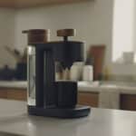 Keurig single-serve coffee maker brewing a cup on a kitchen counter