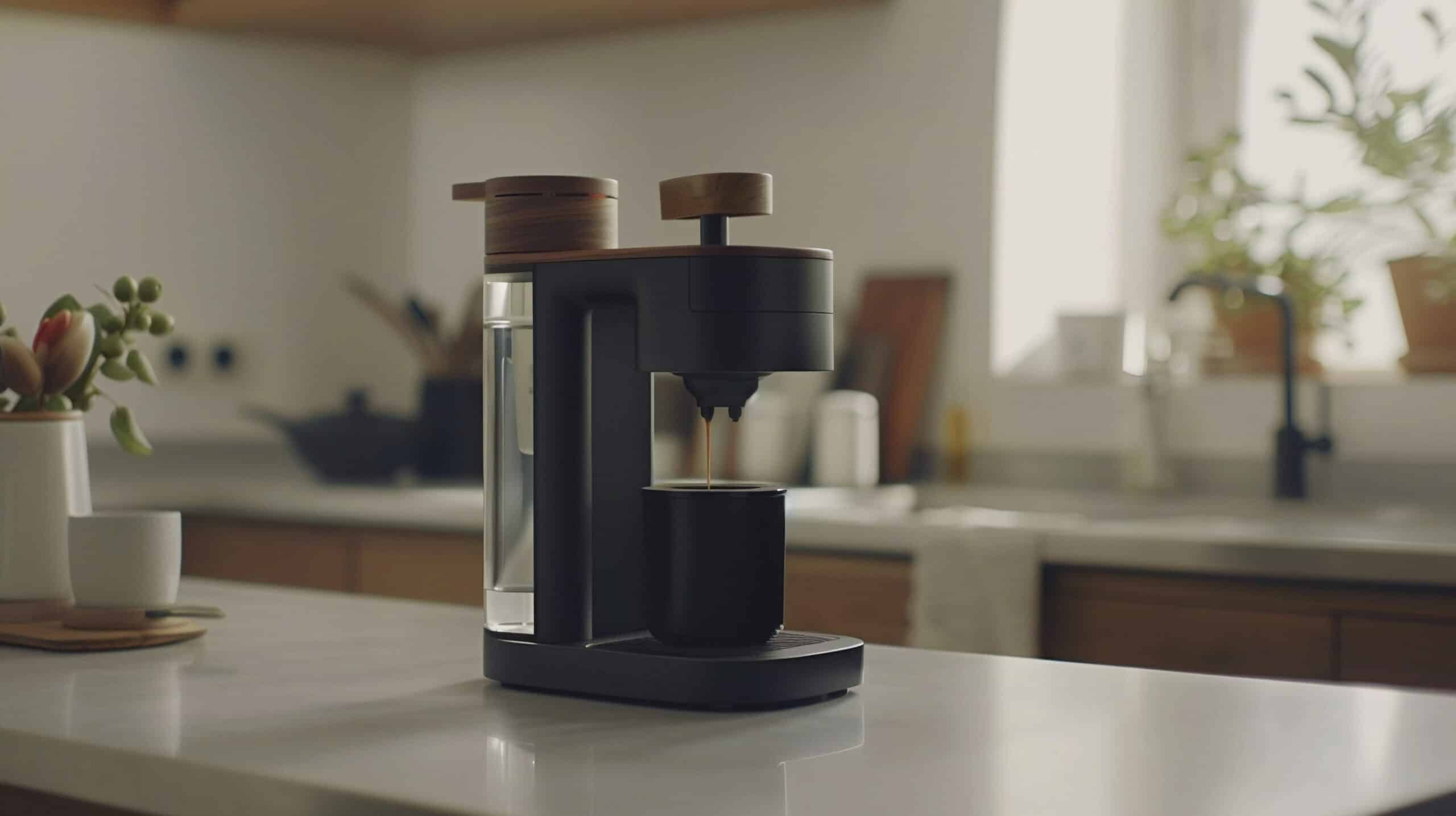 Keurig single-serve coffee maker brewing a cup on a kitchen counter