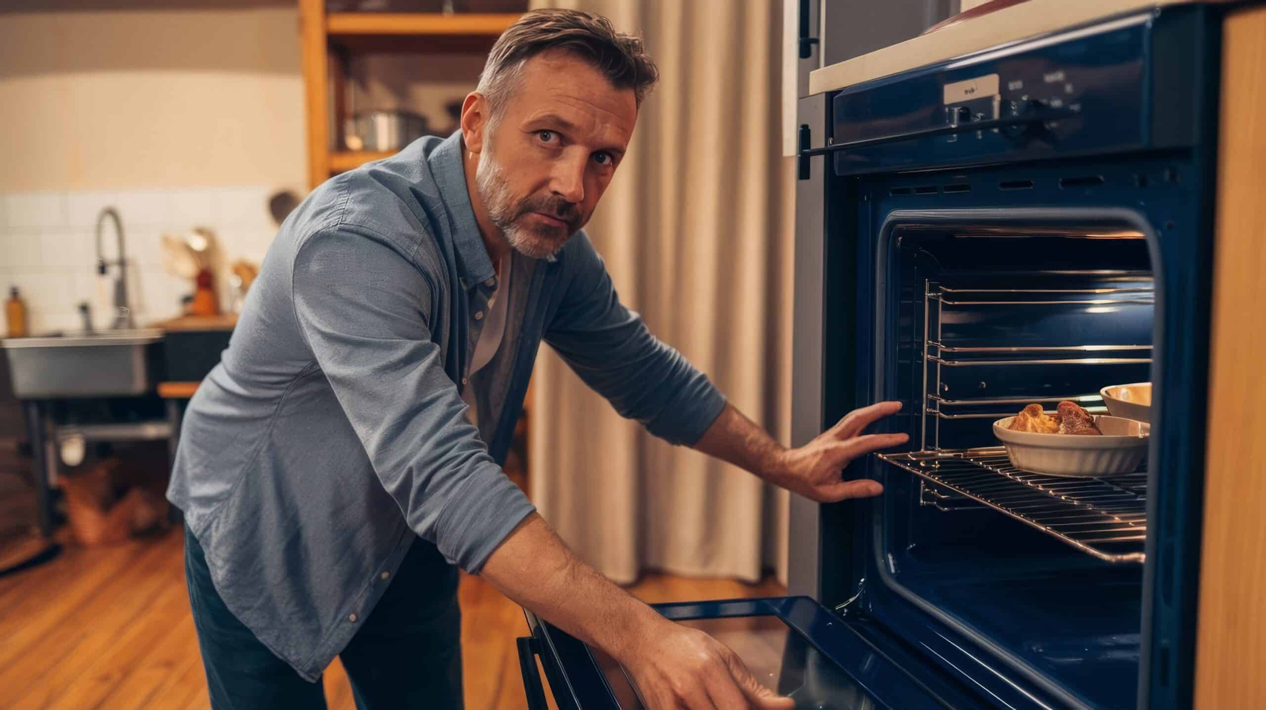 Man checking the control panel of a Samsung oven that is not heating