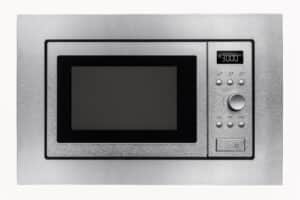 Metal microwave oven with buttons and electronic control panel