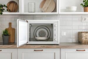 White kitchen microwave with door opened, showing latch area