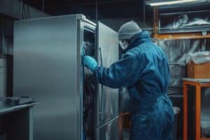 Technician cleaning a refrigerator's condenser coils for proper cooling