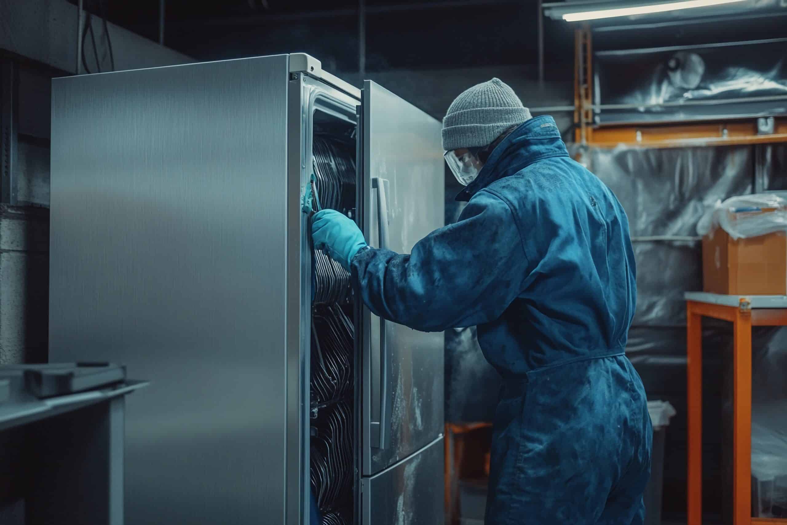 Technician cleaning a refrigerator's condenser coils for proper cooling
