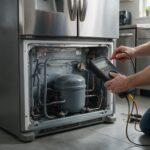 Testing a Whirlpool refrigerator component during a repair diagnostic