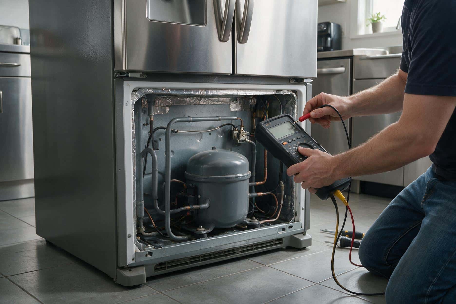 Testing a Whirlpool refrigerator component during a repair diagnostic
