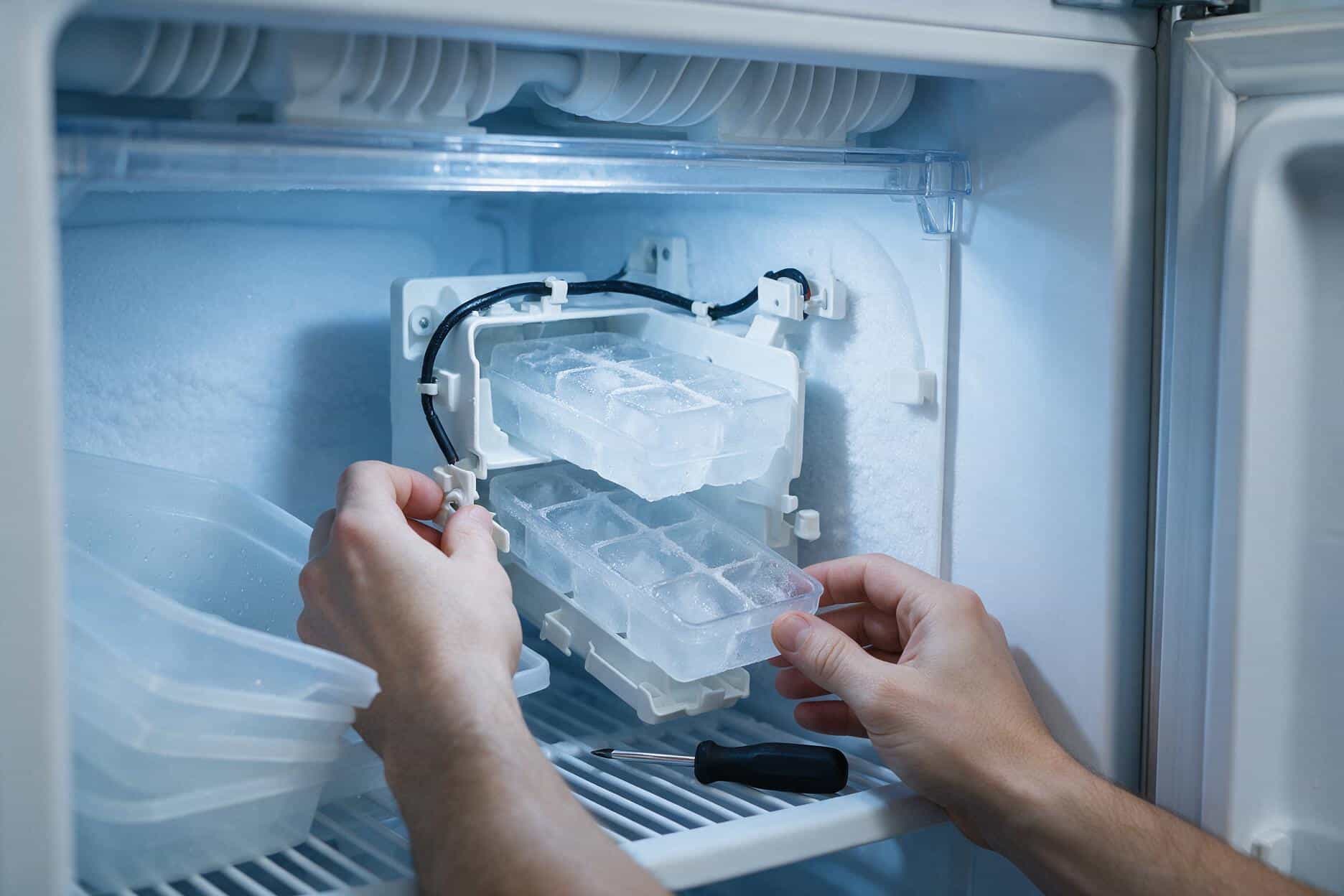 Inspecting a Samsung refrigerator ice maker during a repair diagnostic