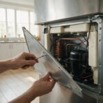 Inspecting an LG refrigerator rear panel during a repair diagnostic