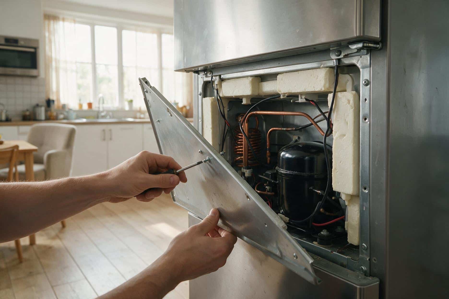 Inspecting an LG refrigerator rear panel during a repair diagnostic